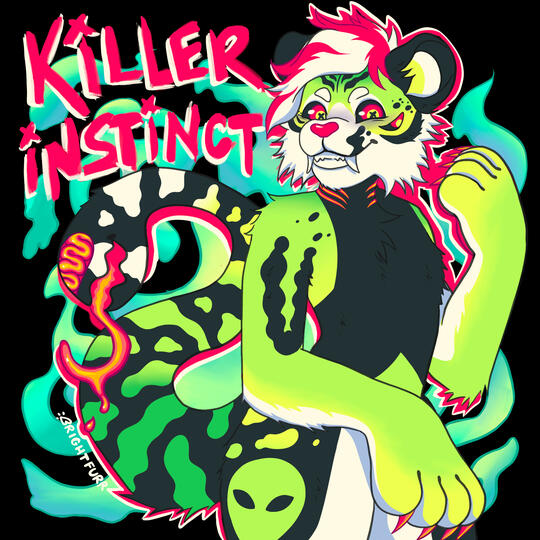 An anthropomorphic big cat with a mohawk. The tail has a mouth at the end of it. The words "Killer Instinct" are messily written